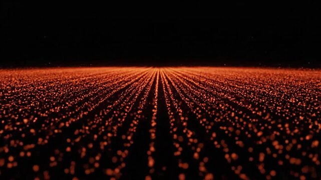 Abstract background featuring glowing orange particles arranged in precise parallel lines on black