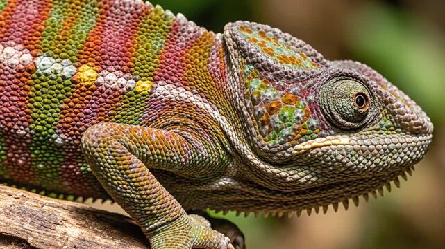 Detailed close-up of a chameleon's head and body showing granular scale texture and colorful skin patterns. The reptile's eye and green-brown scales are in sharp focus on a branch.