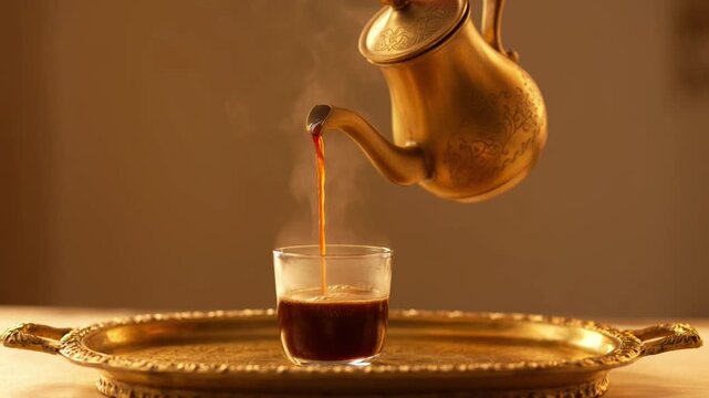 Traditional golden teapot pouring hot black coffee into a small glass on a metal serving tray tea gold beverage drink