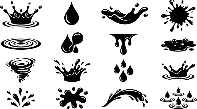 Black liquid water drop and splash vector silhouette icon set featuring crown ripple droplet wave puddle splatter blob and swirl elements
