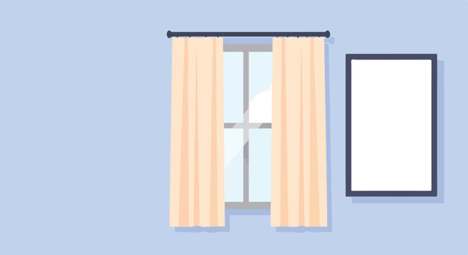 A minimalist vector scene depicts a light blue wall with a central window, pale orange curtains, and a blank white rectangular frame to the right.