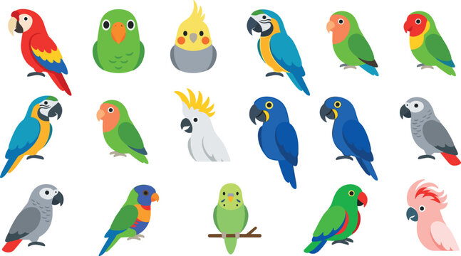 Cute parrot and exotic bird vector character icon set featuring scarlet macaw cockatiel lovebird cockatoo hyacinth macaw African grey budgie and lorikeet