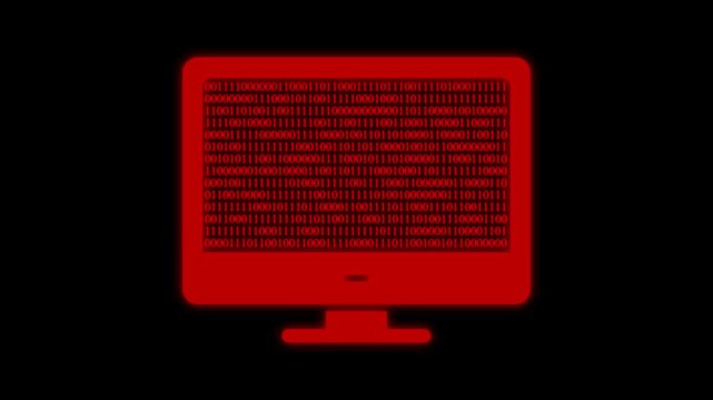 Red computer screen displaying scrolling binary code motion graphics on black background