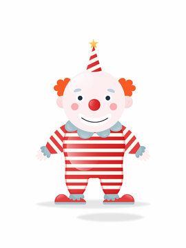 Cute clown in hat and stripped costume. Circus icon  in white,red and blue colours isolated on white background.Carnival or festival funny clown.  Decorative element for web. Vector illustration. 