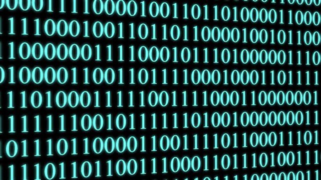 Digital binary code stream moving vertically across screen displaying teal zeros and ones data