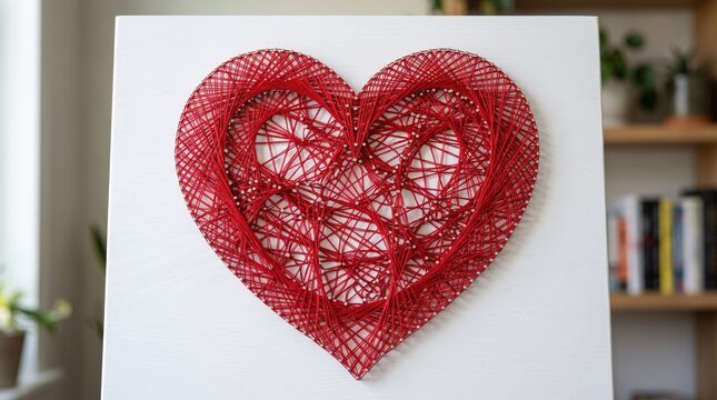 Red String Art Heart Displayed on White Canvas with Artistic Lines and Textures