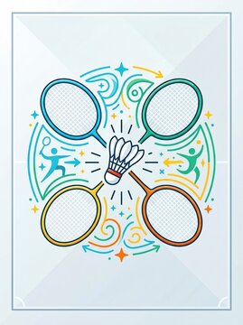 Badminton sport tournament emblem with shuttlecock and rackets