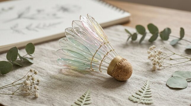 Decorative iridescent glass shuttlecock on rustic linen