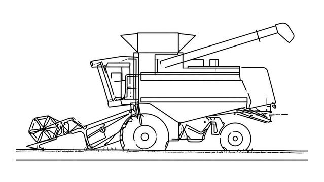 Vintage combine harvester line art white background.