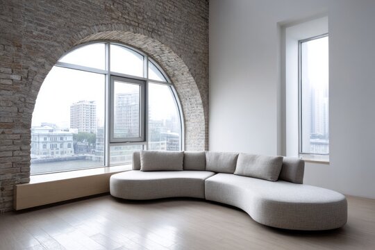 Modern curved sectional sofa sits within a sunlit room featuring an arched brick window overlooking a cityscape.