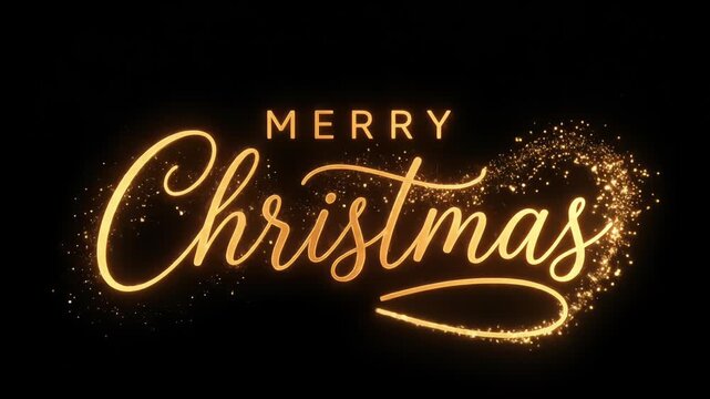 The elegant text MERRY Christmas in a glowing cursive font surrounded by swirling golden glitter on a black background