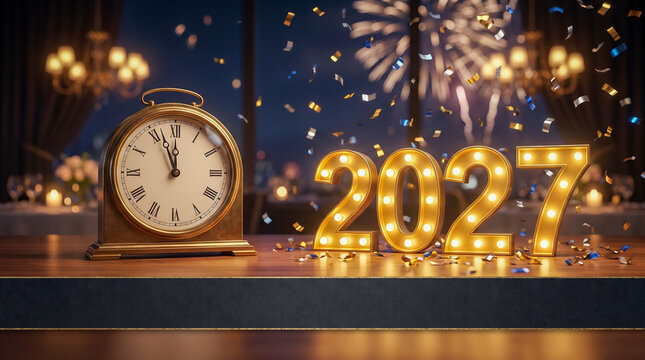 Cuenta atr&aacute;s para recibir el A&ntilde;o Nuevo 2027 con reloj cl&aacute;sico, confeti y luces festivas.