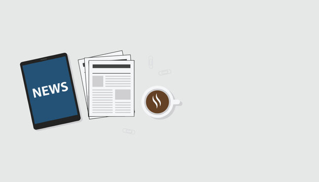 Desk view with a tablet screen showing news, a stack of paper newspapers, and a hot cup of black coffee on a grey surface.