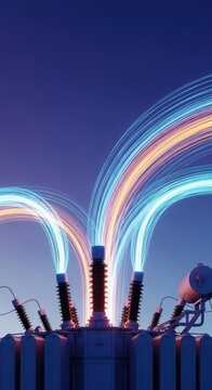 Abstract view of massive electrical currents flowing through industrial transformer machinery, symbolizing global energy transmission and utility power, flow, overload, electrical grid
