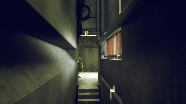Streamlined concrete passage with wooden shading. An understated concrete passageway with wooden slats creating linear shadows and calm geometric discipline