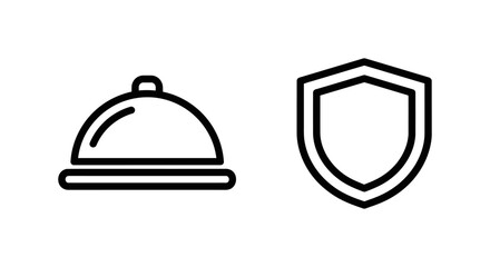 Fototapeta premium Food service cloche and protection shield icons with protection restaurant security hospitality isolated catering insurance guarantee standard business logotype professional