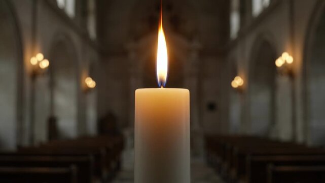 Hand lighting a large white pillar candle with a match inside a dimly lit church sanctuary light religion faith