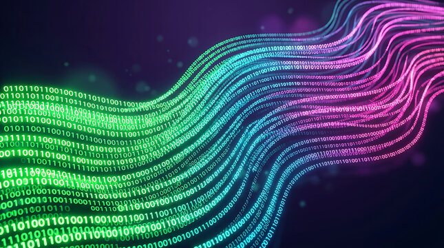 Abstract Binary Numbers Data Stream Pattern with Colorful Wavy Digital Neon Lines