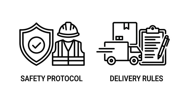 Industrial safety protocol and logistics delivery rules icons set with protocol delivery shipping logistics protection checklist transport compliance regulation industrial security