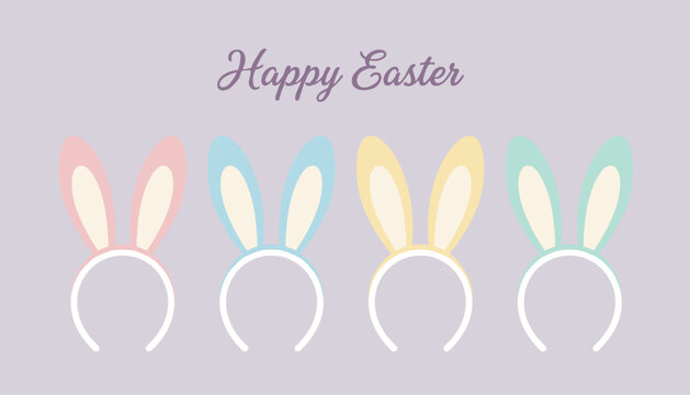 Happy easter greeting card featuring four colorful bunny ear headbands on light purple background.