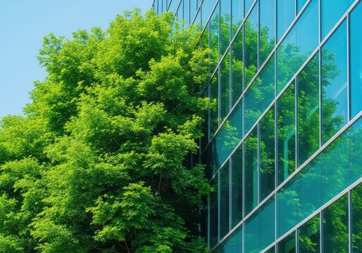 Lush green forest foliage seamlessly merges into a sleek glass building facade, creating a harmonious architectural blend with the environment, flora, sustainable, foliage