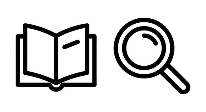 Open book and magnifying glass line icons for research education and search functions with magnifying research education interface knowledge literature document investigation