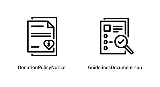 Donation policy notice and guidelines document icons with donation guidelines document magnifying instructions agreement validation compliance information contract philanthropy