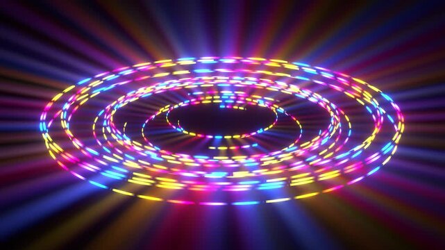 Colorful neon vortex with rotating light rays, abstract multi color neon carousel spinning on black background, 4k looped animation.