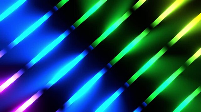 Colorful rainbow colored lines on a black background, moving neon colored lights streak, a looped 4K computer animation.