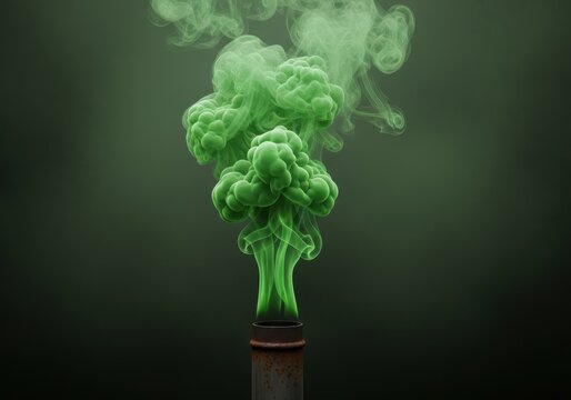 Thick green clouds of putrid smoke rise from a rusty metal pipe, swirling into a murky atmosphere with a visible hazy and foul texture, ecology, mist, rusty