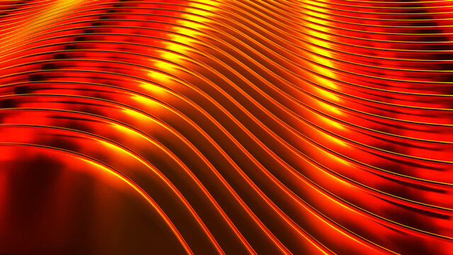 Shiny metallic orange wavy lines background, elegant reflective golden metal wave texture, 3D rendered illustration.