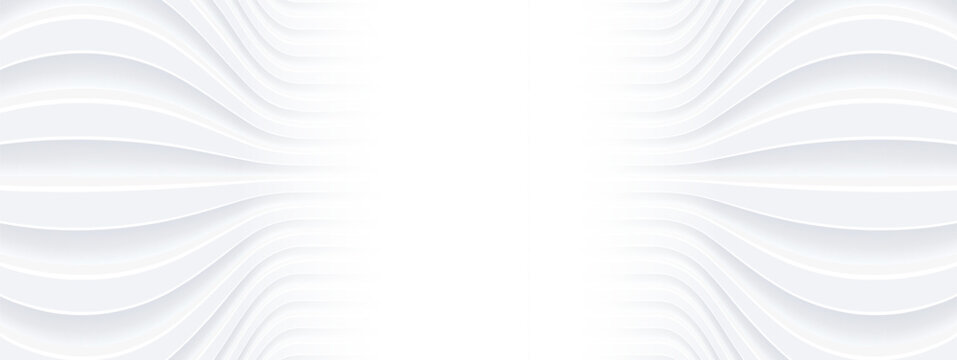 White minimalist banner with striped 3D pattern and copy space, clean symmetrical white geometric background, 3D vector illustration.
