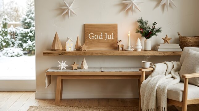 Minimalist Scandinavian Living Room Decorated for Christmas with a Wooden Sign Saying God Jul and Winter Snow View