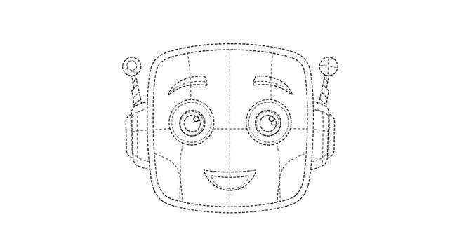 Minimalist black and white robot head outline with dashed lines