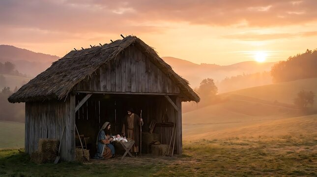 Person sitting inside rustic barn during sunrise