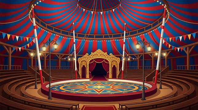 Grand circus interior under a big top tent with a stage and lights, ready for a show