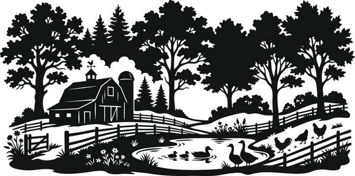 Black and white farm scene with barn and pond