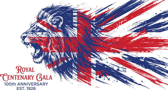 Powerful roaring lion head with distressed Union Jack flag design representing British centenary anniversary celebration graphic