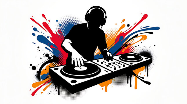 Creative DJ Behind Vinyl Turntables Mixer With Vibrant Colorful Paint Splatter Background Art