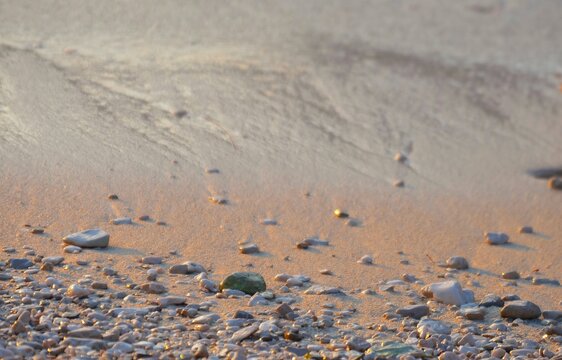 Sparkling golden beach with tiny pebbles in the sunset , beach summertime abstract background