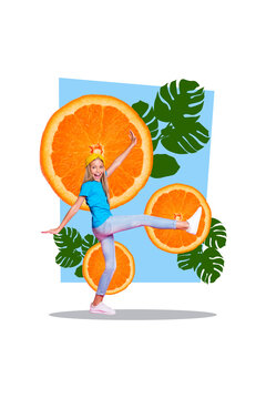 Vertical creative collage picture young happy joyful girl teen cheerful mood walking exotic citrus orange drawing background