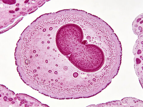 Photomicrograph of a human promyelocyte stained with Wright-Giemsa, showing a characteristic kidney-shaped nucleus and visible specific granules.