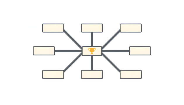Minimalist blank knockout tournament bracket chart vector illustration with central golden championship trophy icon for sports and business competition.