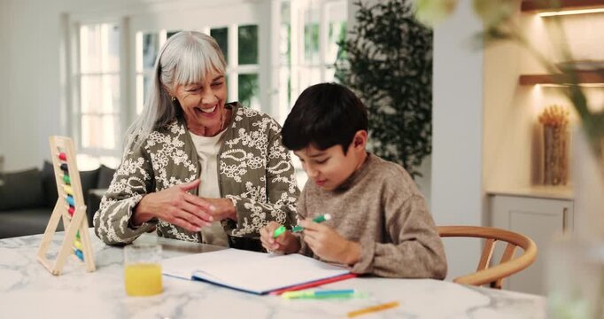 Grandma, child and high five in house for homework, writing correct answer or knowledge development. Happy senior woman, boy or grandson in home with celebration, learning goals or task for education
