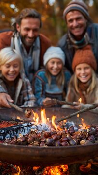 Happy family roasting chestnuts over an open fire in autumn.