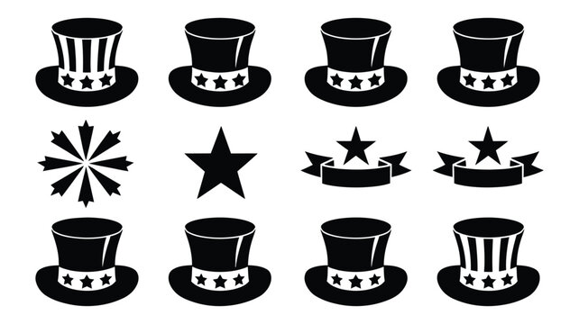 Uncle Sam Hats, Stars, and Ribbons Vector Set for Patriotic Design, National Celebration, Holiday Decorations, and Festive Graphics