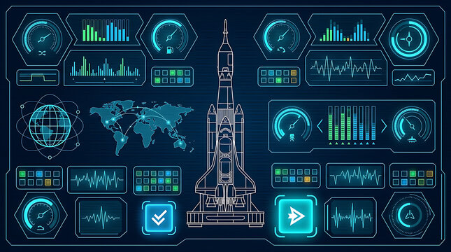 Futuristic spaceship control panel HUD interface with rocket launch telemetry data