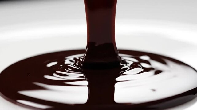 Thick dark chocolate syrup pouring onto a white surface, creating a glossy pool with viscous ripples. Close-up view of liquid cocoa topping flowing smoothly in high detail.