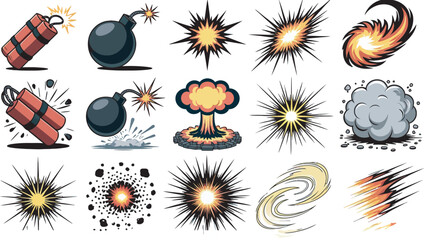 Cartoon dynamite and explosion vector set, playful collection featuring dynamite bombs, comic blast effects, explosive bursts, smoke clouds, sparks, and action elements ideal for games, animations,  © Dalim