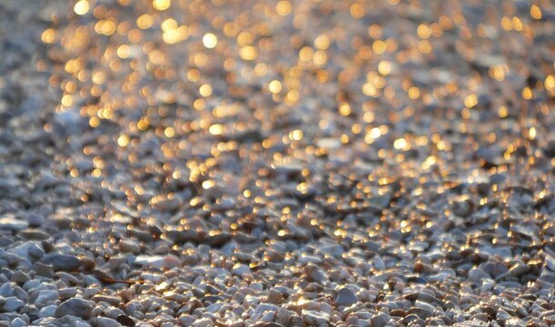 Sparkling golden beach with tiny pebbles in the sunset , beach summertime abstract background